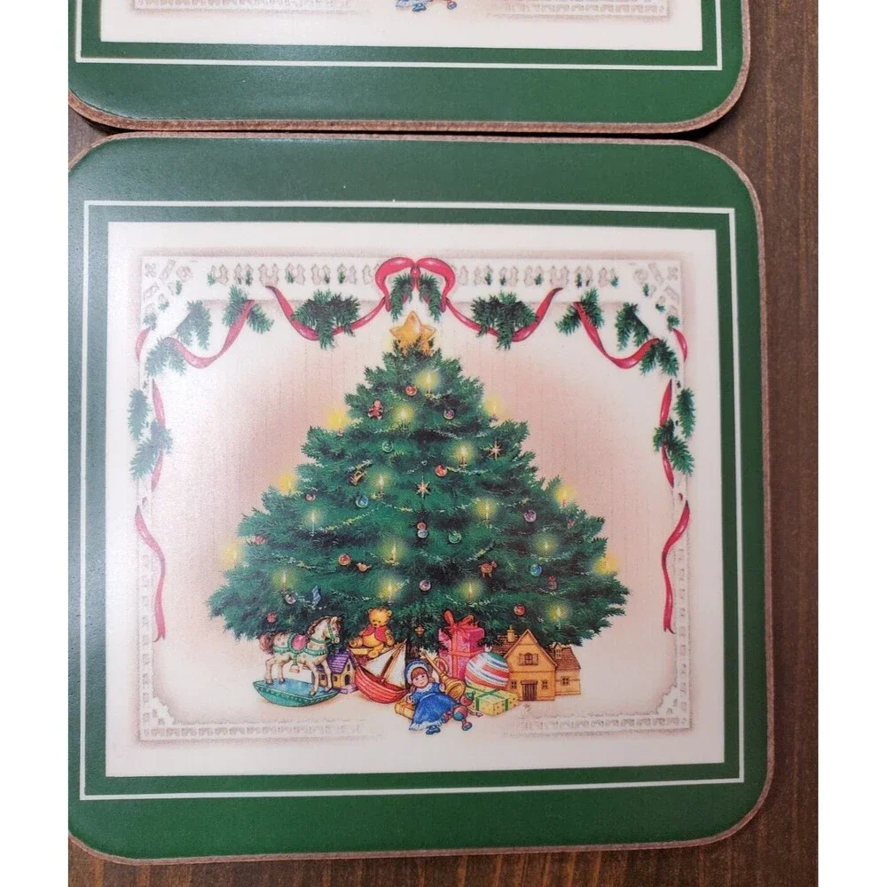 Victorian Christmas Tree Coasters Set of 6 Cork Back 4